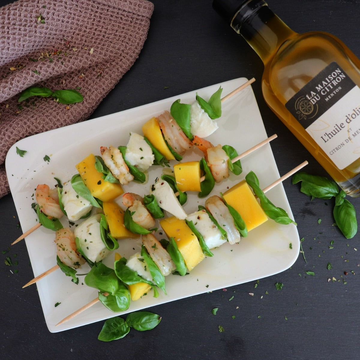 Bâtonnets aux crevettes, à l'huile d'olive au Citron de Menton IGP et à la mangue