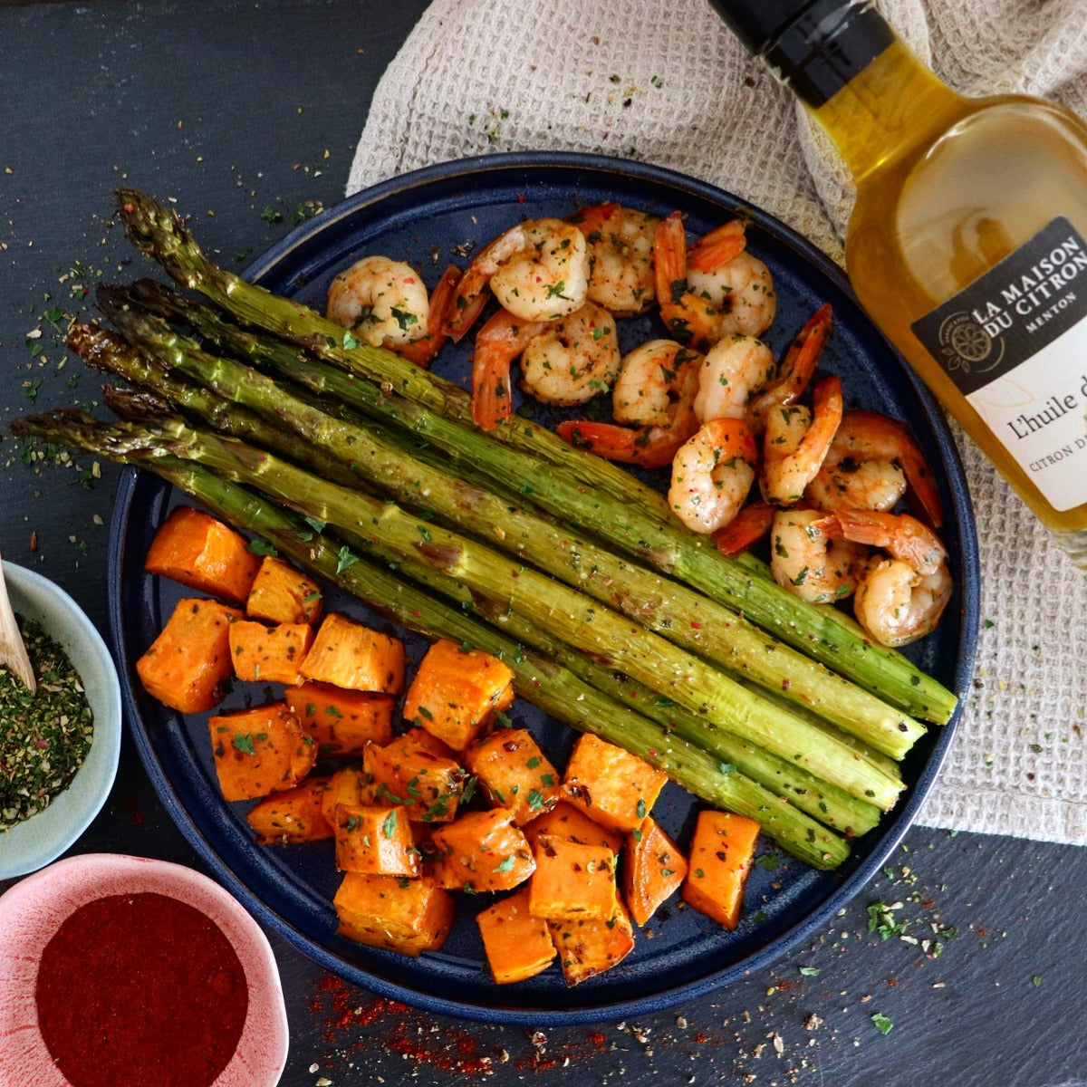 Crevettes accompagnées de légumes à l'huile d'olive au Citron de Menton IGP
