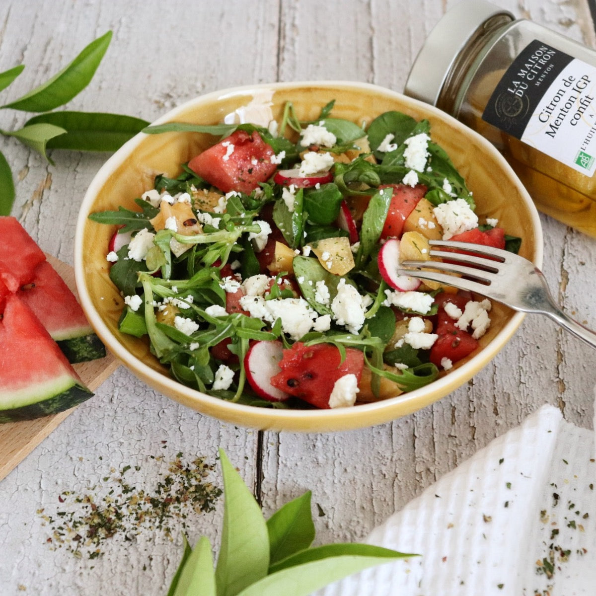 Salade d'été avec pastèque, feta et Citrons de Menton IGP BIO confits à l'huile d'olive